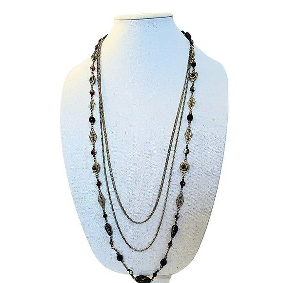 Vintage Miriam Haskell Possible Garnet Triple Layer Gold Tone Necklace, Signed - Picture 5 of 16